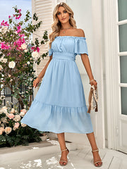 Vacation Short Sleeves A-Line Solid Color One-Shoulder Midi Dress