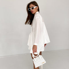 Long-sleeve See-through Cotton Linen Solid Color Shirt and Bottom