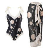Flaxmaker Adjustable Point Print Deep V One Piece Swimsuit and Sarong