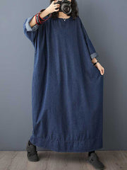 Solid Color Long Sleeves Loose Round-neck Midi Dresses