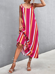 Contrast Color Striped Tied Loose Sleeveless U-Neck Slip Dress Midi Dresses