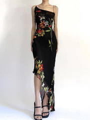Flower Printed Sleeveless Spaghetti-Neck Split-Side Asymmetric Maxi Dresses