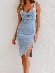 Denim Split-Side Sleeveless Mini Dress