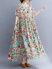 Pleated Printed Split-Joint Loose Short Sleeves Round-Neck Midi Dresses