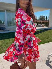 New Elegant V Neck Design Lace Up Ruffles Mini Dress