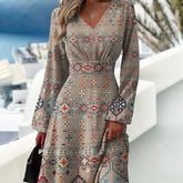 Spring New Slim Fit V Neck Long Sleeve Floral Dress