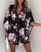 Casual Flora Print Batwing Sleeve Lace Up Dress