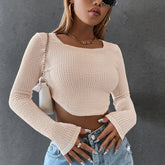 Long Sleeve Square Neck Knitted Crop Top Y2k T Shirts