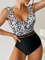 V neck Leopard Mesh Tape One Piece Basic Swimsuit