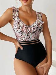 V neck Leopard Mesh Tape One Piece Basic Swimsuit