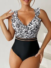V neck Leopard Mesh Tape One Piece Basic Swimsuit