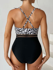 V neck Leopard Mesh Tape One Piece Basic Swimsuit
