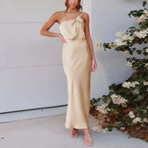 Elegant One Shoulder Satin French Slim Ladies Midi Dresses