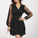 Chic New Elegant V Neck Long Sleeve Mesh Patchwork Splicing Fashion Lady Party Dress