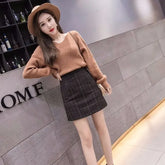 Korean High Waist Slim Plaid Wool A step Mini Skirt