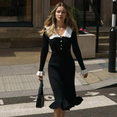 Ruffled Long sleeved Vintage High waisted French Creamy White Midi Dresses