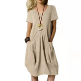 Round neck Hot Solid Loose Pocket Design Midi Dresses