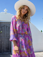 Bohemia Long Sleeves Loose Floral Printed Round-Neck Maxi Dress