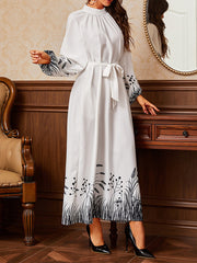 Hollow Pleated Printed Tied Waist Bishop Sleeve Long Sleeves Mock Neck Maxi Dresses