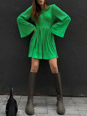 High-Waisted Pleated Solid Color Zipper A-line Flared Sleeves Round-neck Mini Dresses