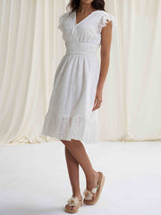 Elasticity Hollow Pleated Solid Color A-Line Loose V-Neck Mini Dresses