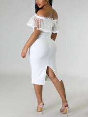 Off Shoulder Mesh Pearl Button Dress