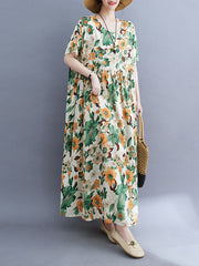 Floral Printed Pleated Split-Joint Loose Short Sleeves Round-Neck Midi Dresses