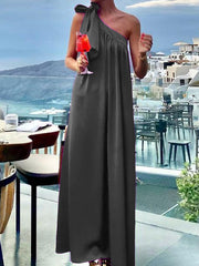 Asymmetric Pleated Solid Color Tied A-Line Loose One-Shoulder Maxi Dresses