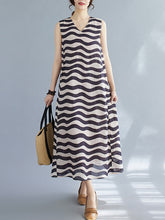 Striped Loose Sleeveless V-neck Midi Dresses