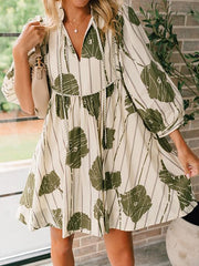 Printed Tied High Waisted Long Sleeves V-Neck Mini Dresses