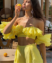 Off Shoulder Ruffle Crop Top - Casual Knit Tank