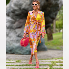 Casual Retro Printed Shirt Three Piece Skirt Set Flaxmaker