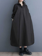 Buttoned Hollow Pleated Pockets Solid Color A-line Long Sleeves Lapel Shirt Dress Midi Dresses