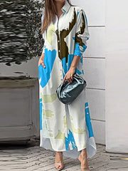 Buttoned Contrast Color Pockets Printed Split-Side Loose Wrap Shirt Dress