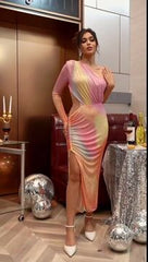 Ombre Printed Oblique Shoulder Colored Diamond Dress