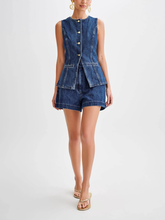 Denim 2 Piece Outfits Sleeveless Button Down Vest High Waist Denim Shorts