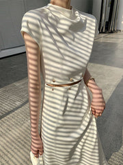 Detachable Hollow Split-Joint A-Line High Waisted Mock Neck Midi Dresses