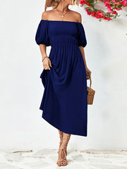 Solid Color Loose Short Sleeves Off-The-Shoulder Midi Dresses