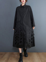 Asymmetric Hollow Polka-Dot Solid Color A-Line Long Sleeves Lapel Midi Dresses