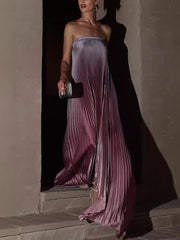 Elasticity Gradient Pleated A-Line Loose Tube Maxi Dresses Evening Dresses