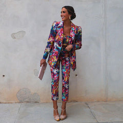 Fashion Blossom Printed Blazer Three Piece Set