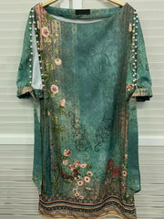 Hollow Printed Split-Joint Loose Short Sleeves Round-Neck Mini Dresses