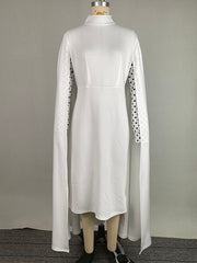 Capelet Long Sleeves Polka-Dot Split-Joint Mock Neck Midi Dresses