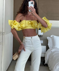 Off Shoulder Ruffle Crop Top - Casual Knit Tank