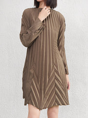 Pleated Solid Color A-Line Long Sleeves Round-Neck Mini Dresses