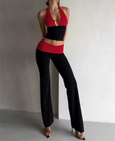 Red Cut Out Halter Crop Top & Tracksuit Two Piece Set - Casual Slim Fit