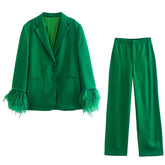 Vintage Green Stitching Feathers Blazer Two Piece Set