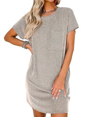 Contrast Color Pockets Split-Joint Striped A-Line Loose Round-Neck Mini Dresses