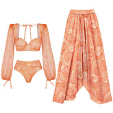 Long Sleeve Shell Print Bikini Swimsuit and Skirt Flaxmaker