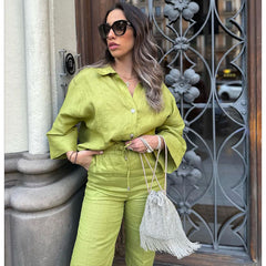 Linen Green Solid color Shirt and Pants Set